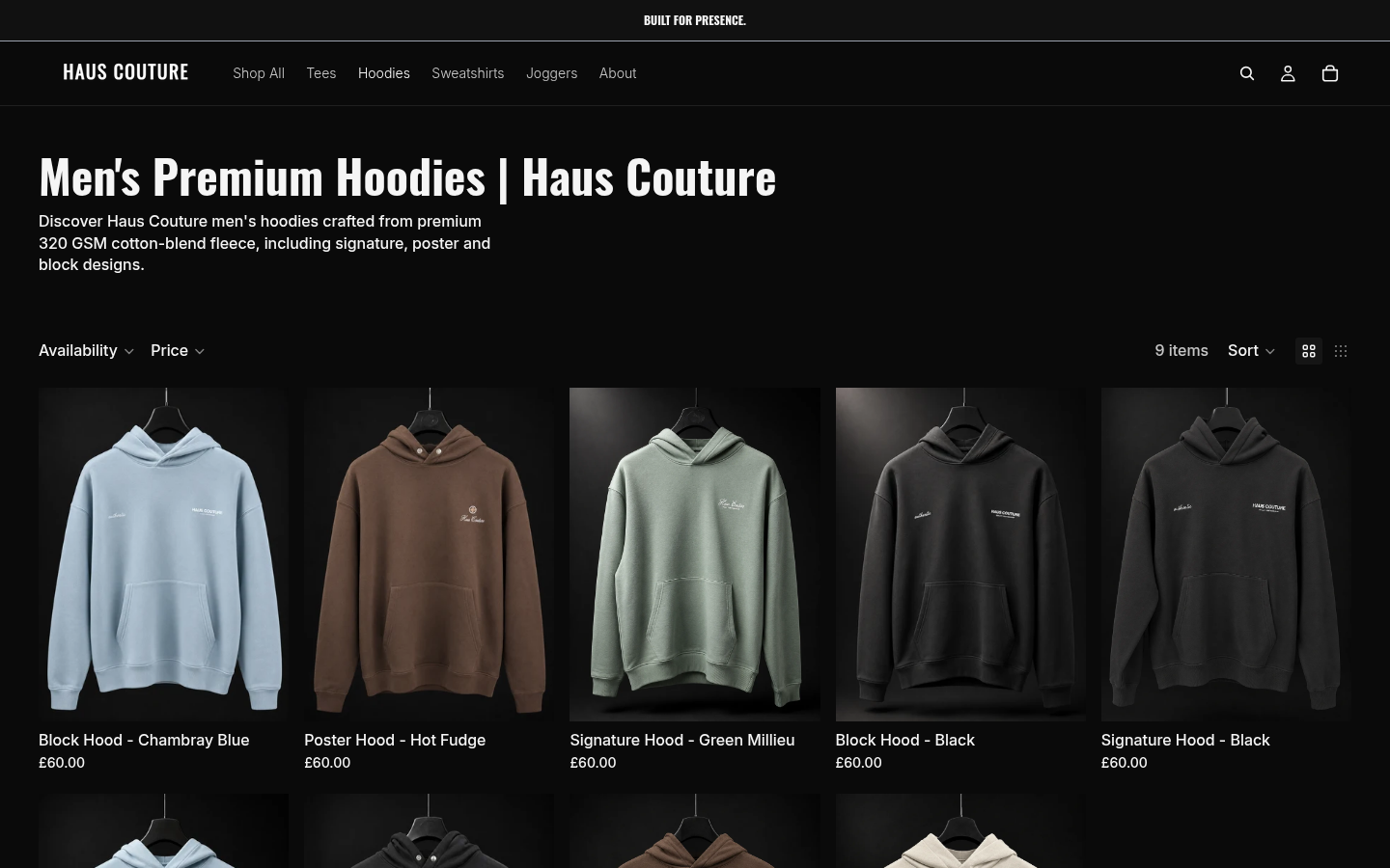 Haus Couture hoodies collection showing the dark product catalogue