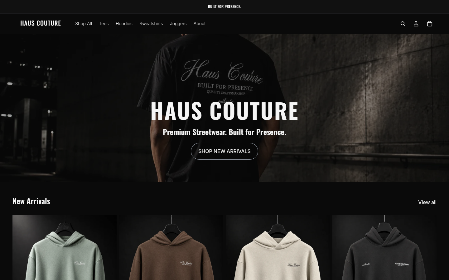 Haus Couture production storefront homepage with a dark streetwear campaign hero