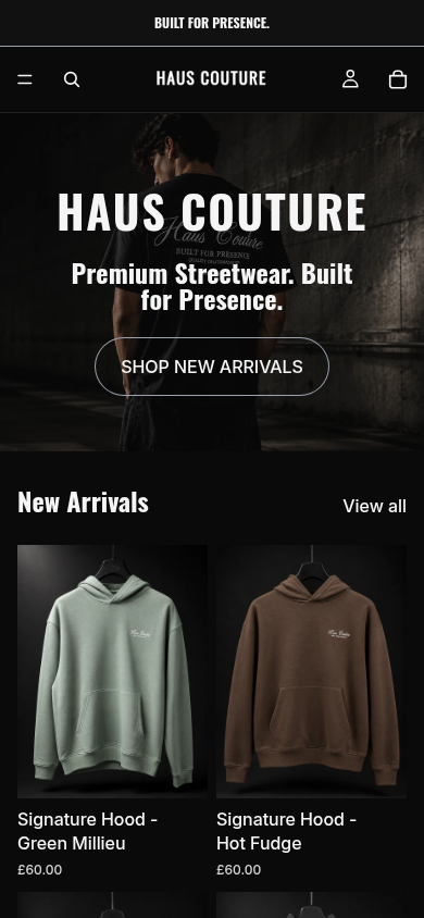 Haus Couture production storefront displayed on a mobile viewport