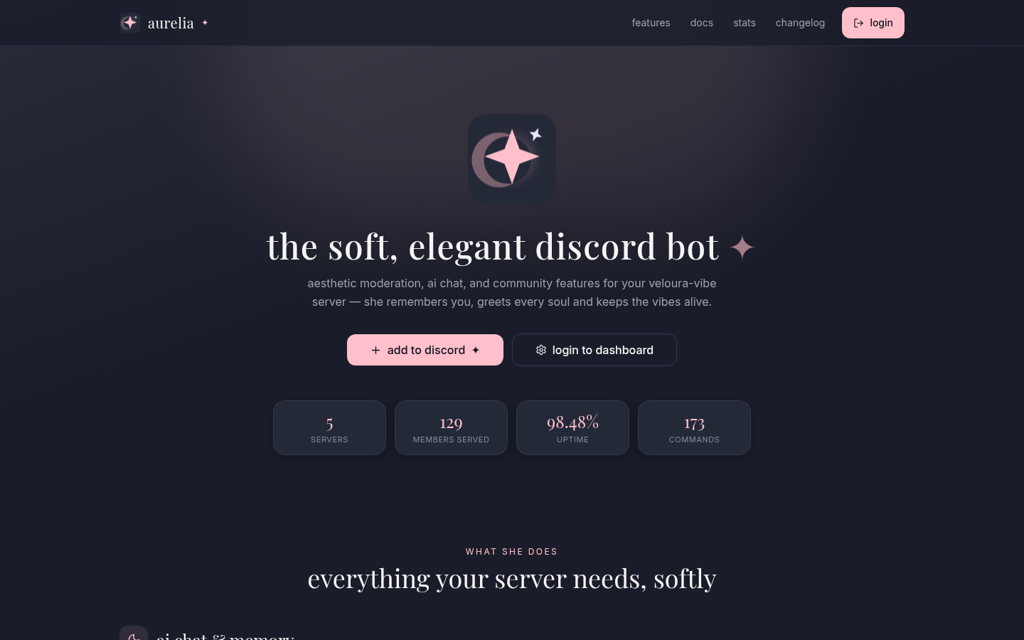 Aurelia product landing page with live server, member, uptime and command statistics